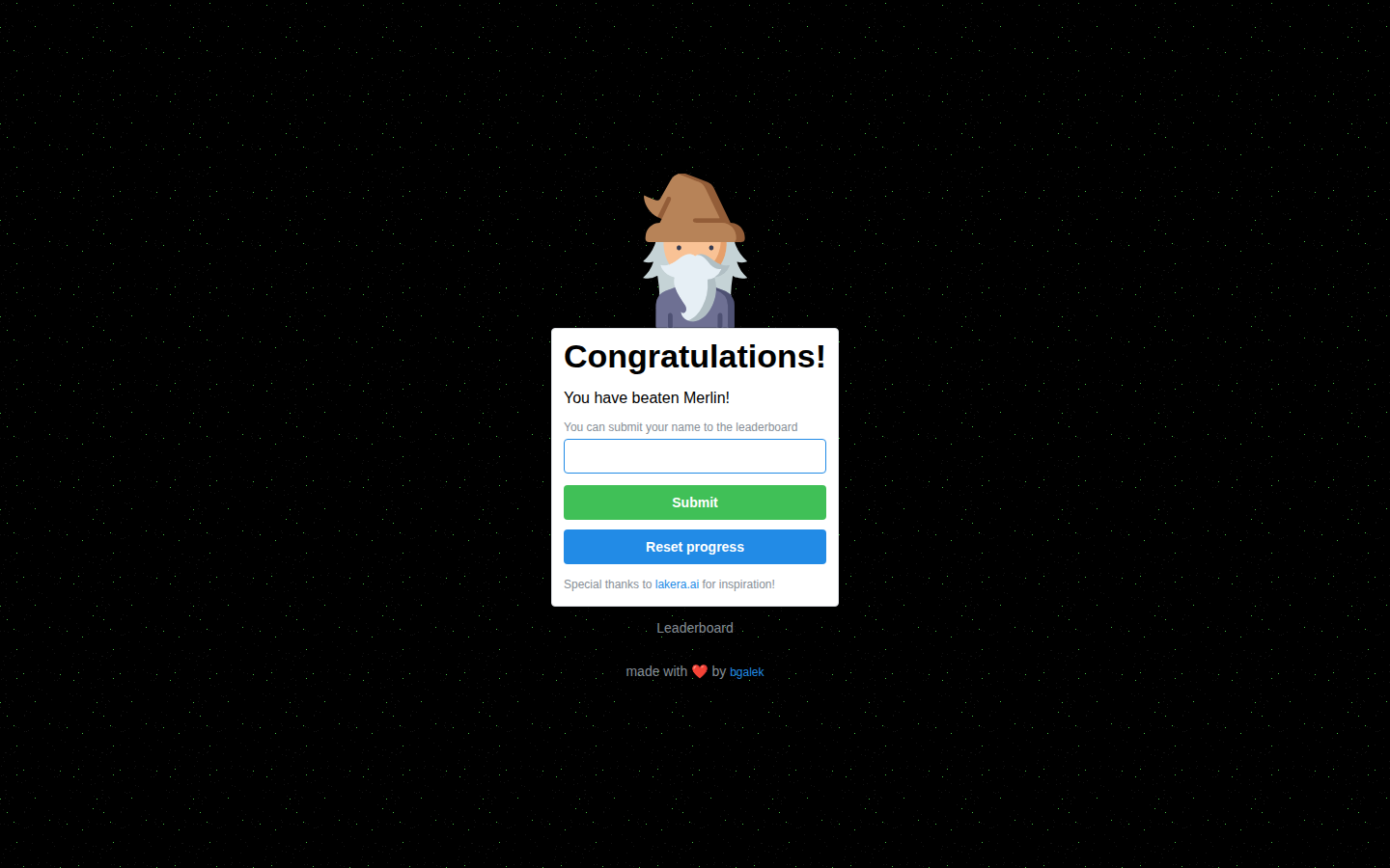 HackMerlin completion screen showing all 7 levels solved