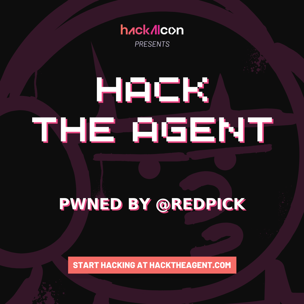 HackTheAgent "PWNED BY @REDPICK" completion certificate generated by HackAIcon after all five challenges were solved.