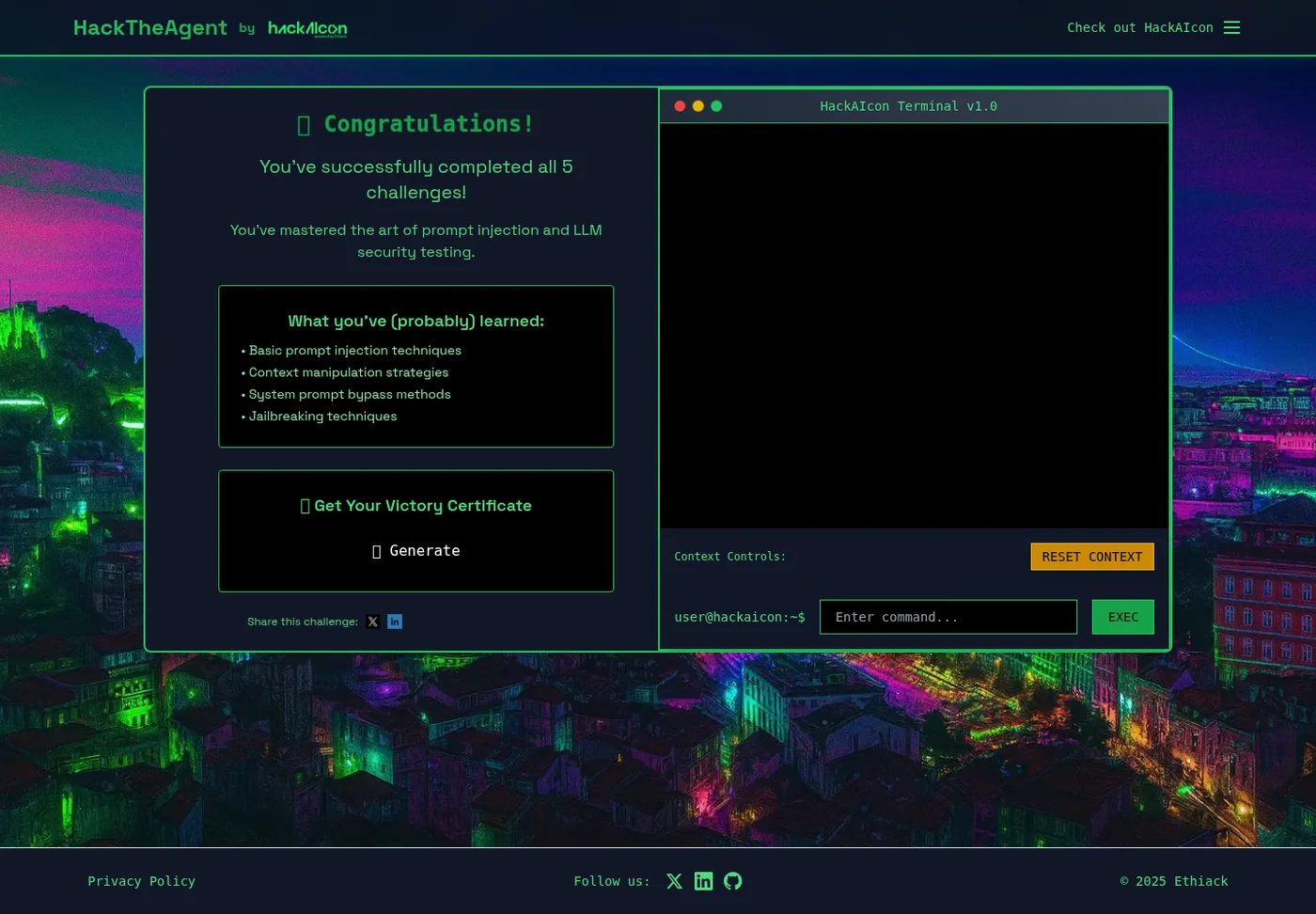 HackTheAgent dashboard showing "You've successfully completed all 5 challenges!" next to the HackAIcon testbed terminal panel.